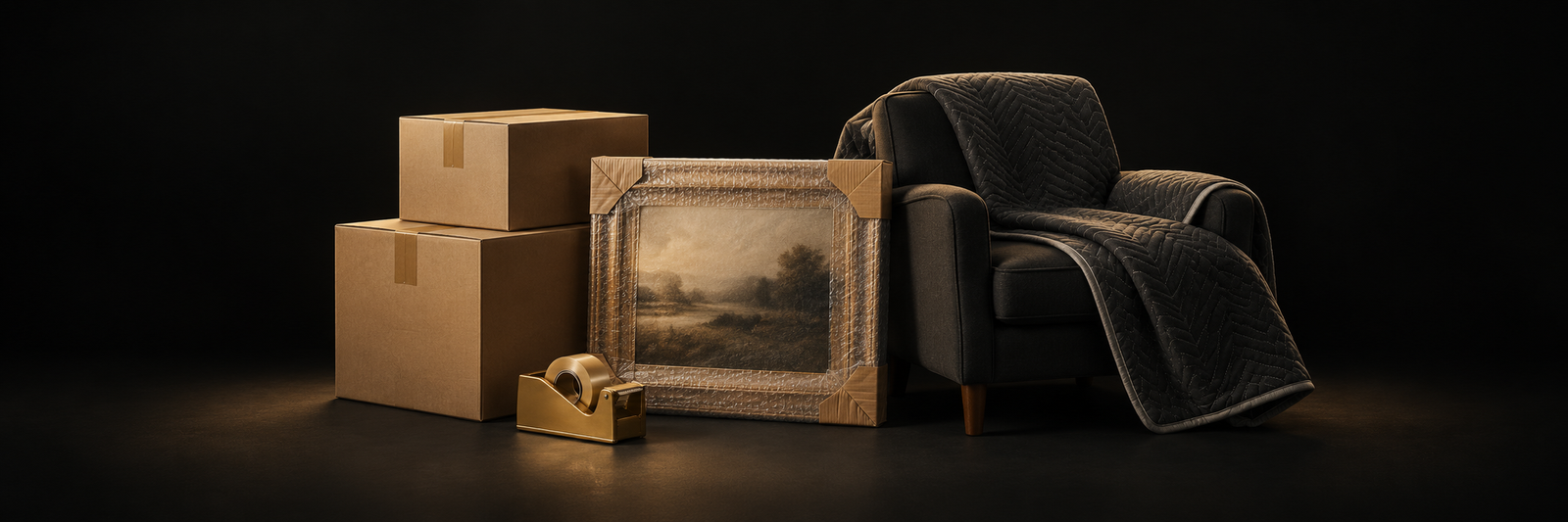 Carefully packed boxes, protected artwork and an armchair ready for moving